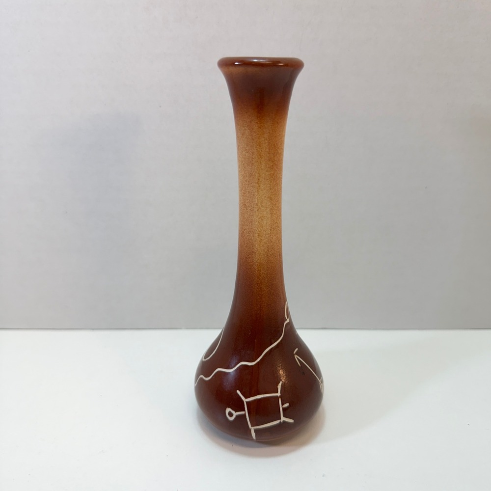 Dobe Of Arizona Bud Vase Vintage Brown Etched Southwestern Pottery Petroglyph 6"